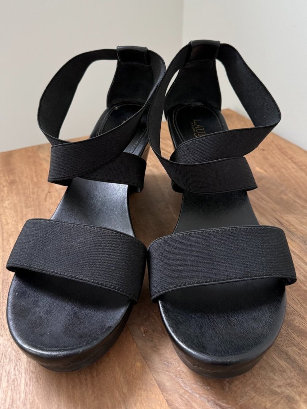 LAUREN RALPH LAUREN Black Wide Strap Criss Cross Comfort Platform Wedges